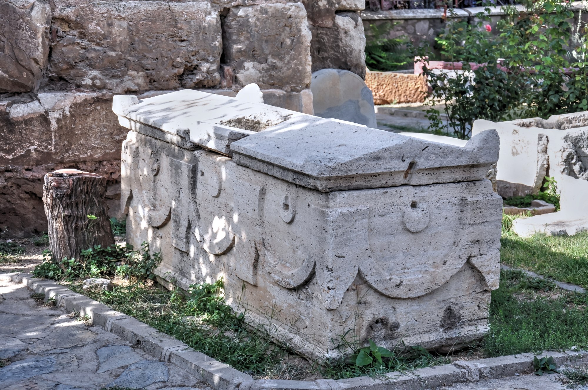 Sarcophagus on display in the area of the Basilica of St John Sarcophagus on display in the area of the Basilica of St John